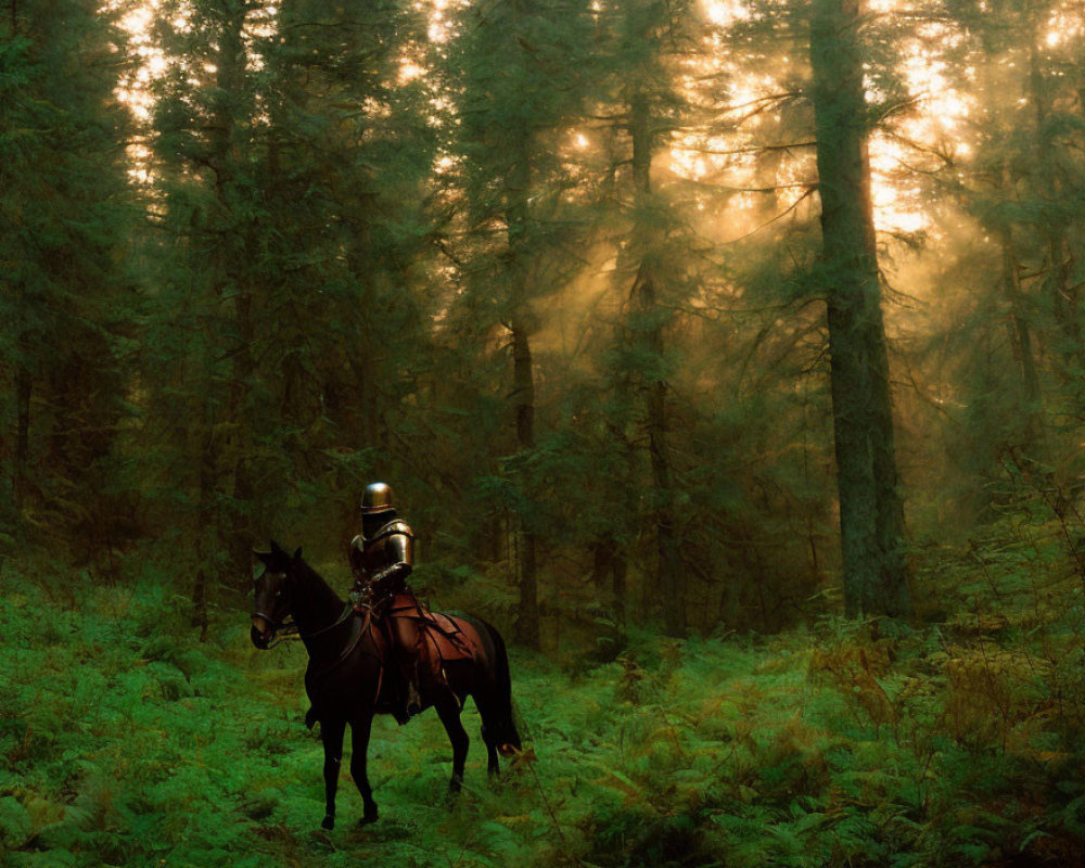 Knight on Horseback in Misty Forest with Sunlight Filtering