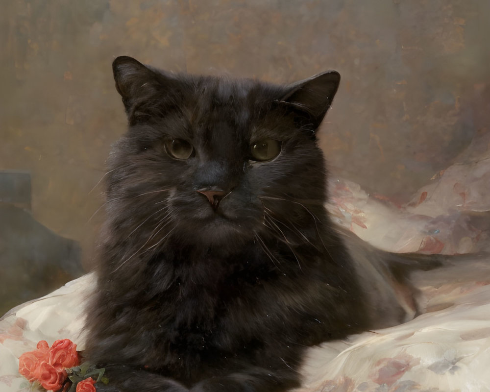 Dark-furred cat relaxing on floral-patterned fabric with red flowers.