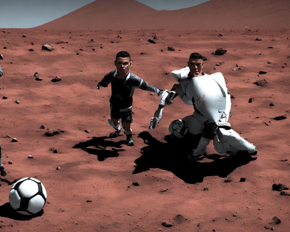 Humanoid robots playing soccer on Mars-like terrain with rocks and reddish soil