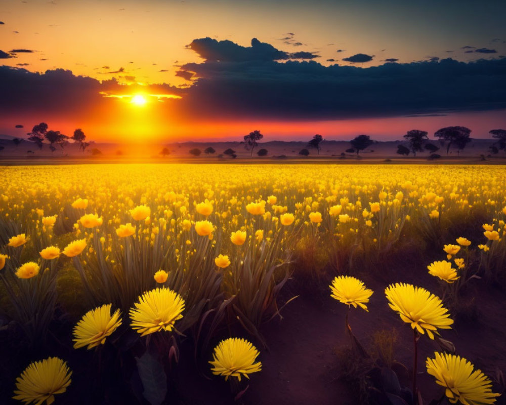 Scenic sunset landscape with yellow flowers and silhouetted trees