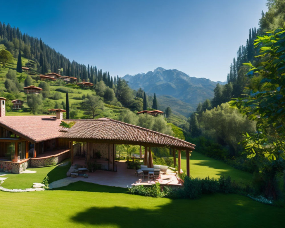 Mountain Resort with Terracotta Roofs in Green Hills