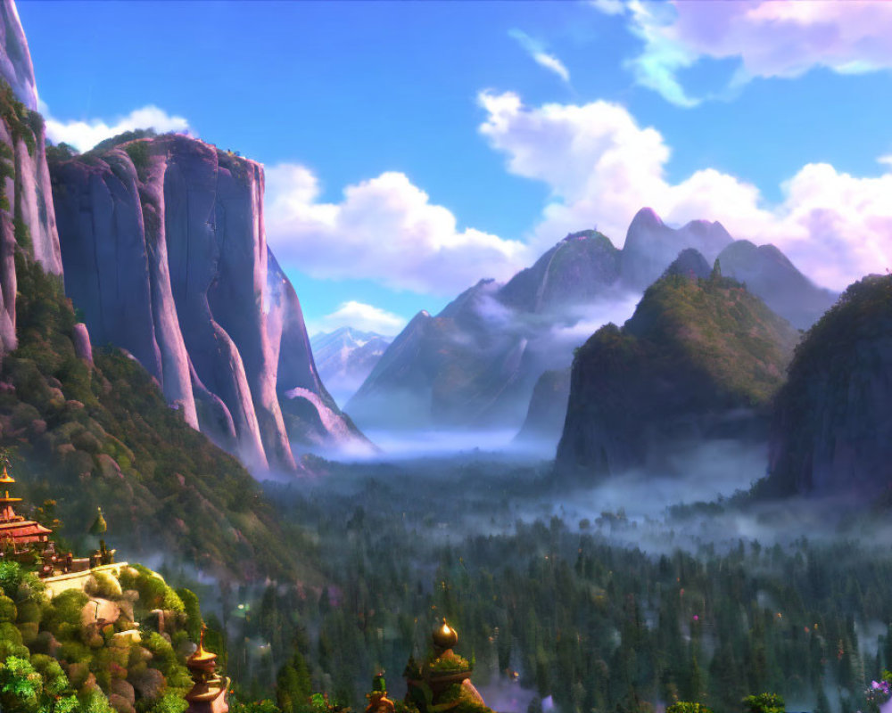 Majestic fantasy landscape with cliffs, valleys, forests, temple, mountains, and blue sky