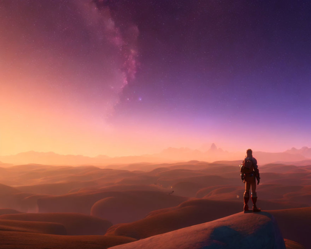 Astronaut on dune under starry sky in desert twilight