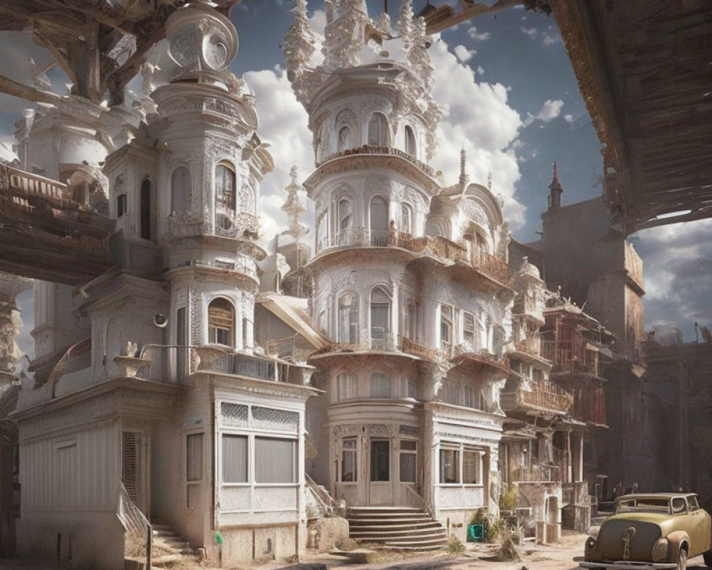 Vintage Car Parked in Front of Decrepit Mansion in Dystopian Setting