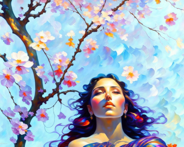 Colorful artwork: Woman with flowing hair among cherry blossoms on blue sky