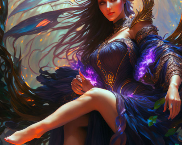 Ethereal woman in detailed blue dress against warm backdrop