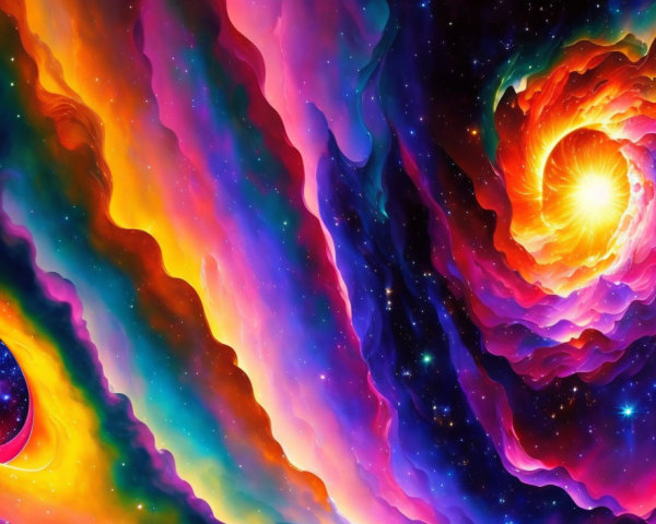 Colorful cosmic scene with swirling nebula patterns and celestial bodies.