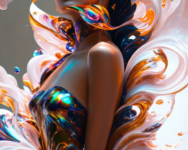 Surreal digital art: woman in swirling iridescent liquid patterns