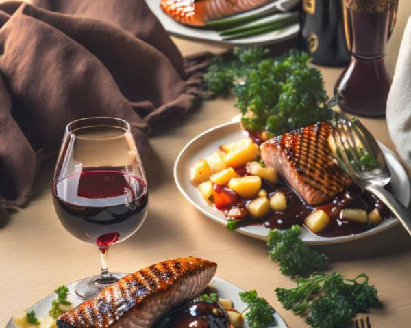 Grilled fish fillets, roasted vegetables, wine glass, cutlery, and wine bottle on