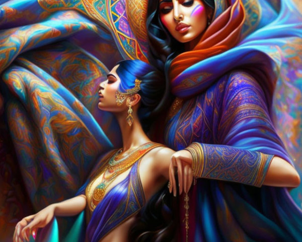 Vibrant traditional attire on two women in different poses
