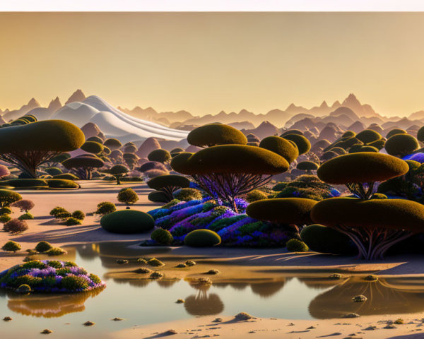 Vibrant desert sunset: smooth dunes, mushroom trees, purple foliage.