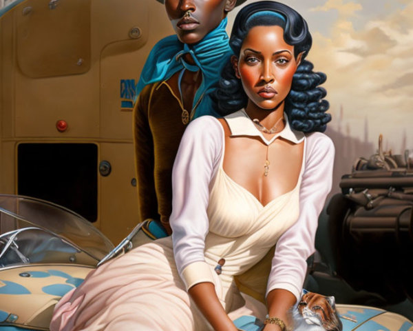 Stylized retro-futuristic painting with man, woman, cat, vintage car, and fantasy