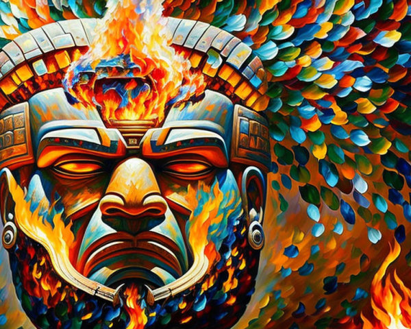 Colorful mask artwork with fiery flames and feather-like pattern