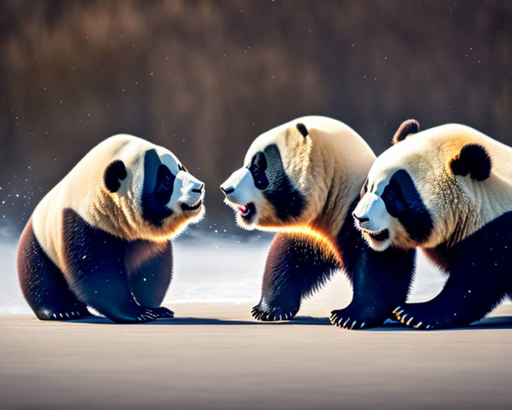 Playful pandas on sunlit surface with floating particles