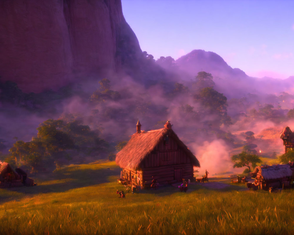 Scenic village sunset with wooden cottage, misty fields, and villagers.