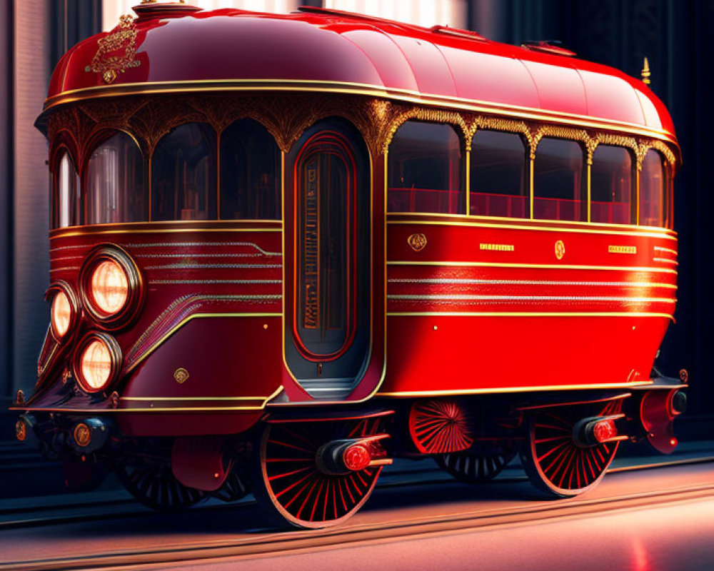 Elegant vintage red and gold tram with intricate designs on tracks