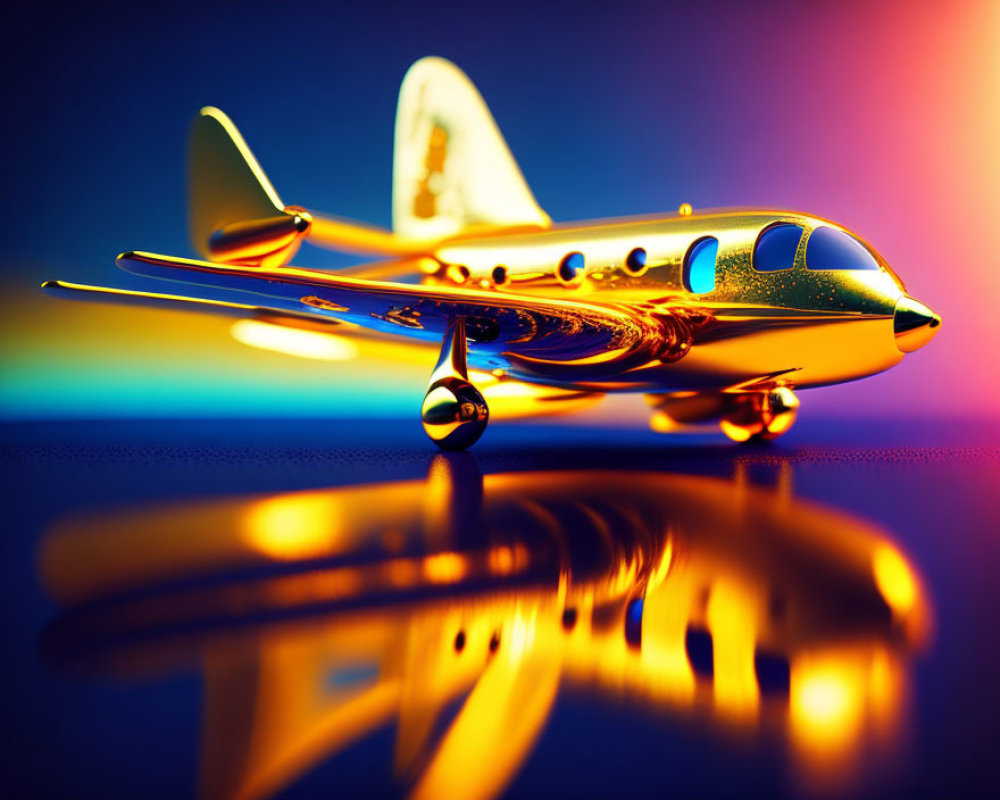 Golden toy airplane on colorful gradient background with blue and orange hues