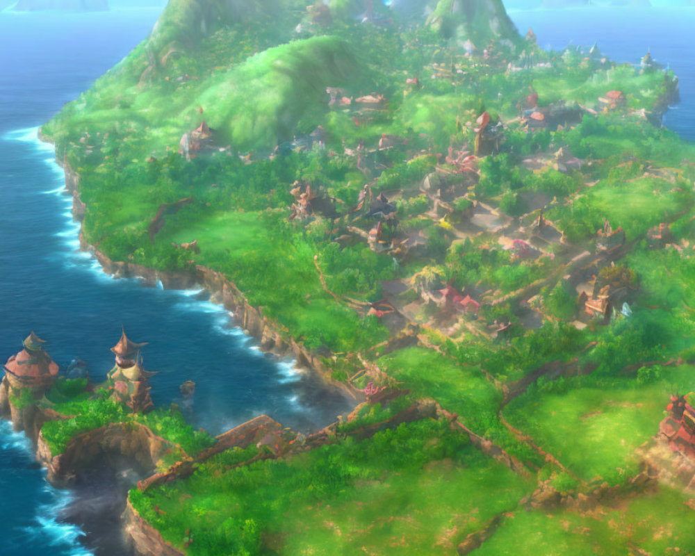 Serene fantasy landscape: green island, terraced fields, traditional houses, windmills, clear