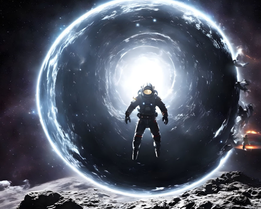 Astronaut floating in space with cosmic vortex and rocky terrain