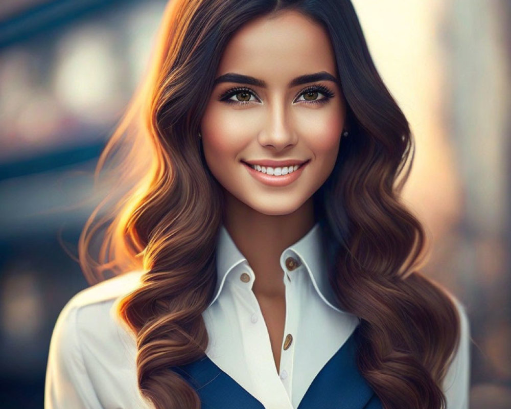 Smiling woman portrait with long wavy hair and white shirt