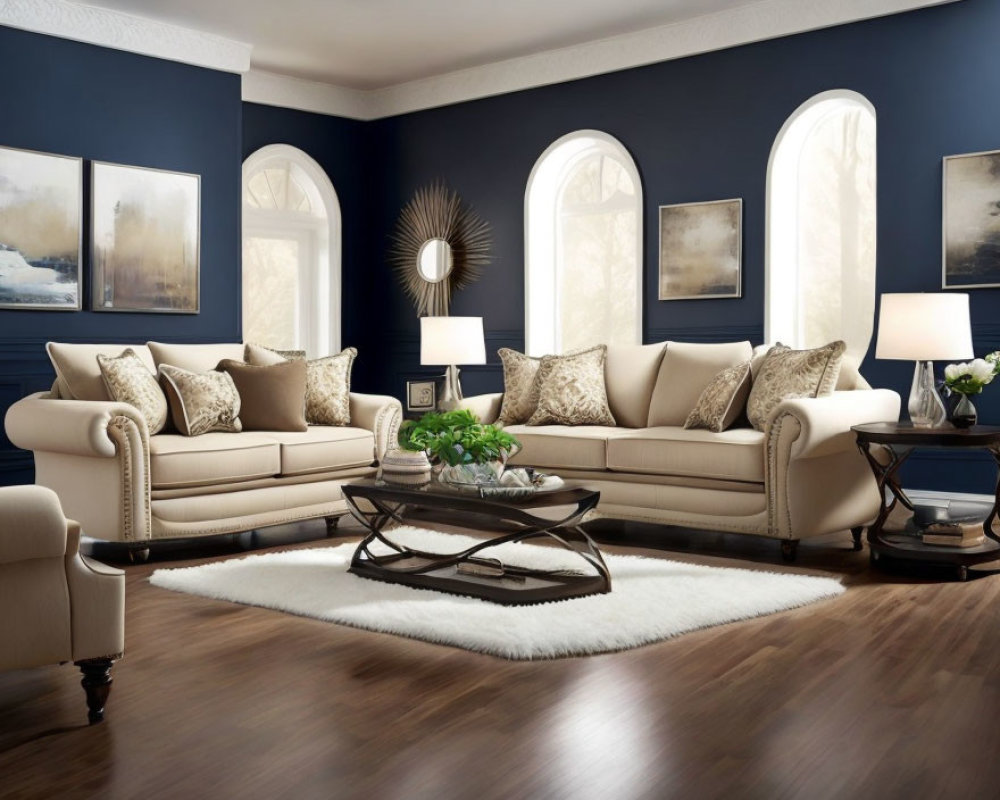 Sophisticated living room with cream sofas, white rug, dark blue walls, arched windows,