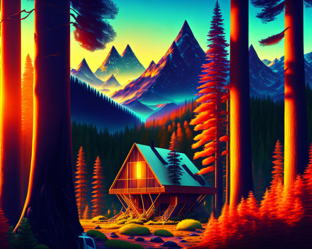 Colorful forest cabin art with mountains and twilight sky