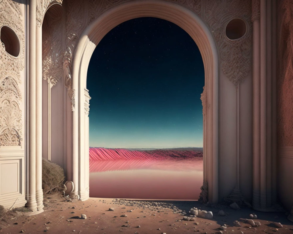 Ornate archway in tranquil desert under twilight sky