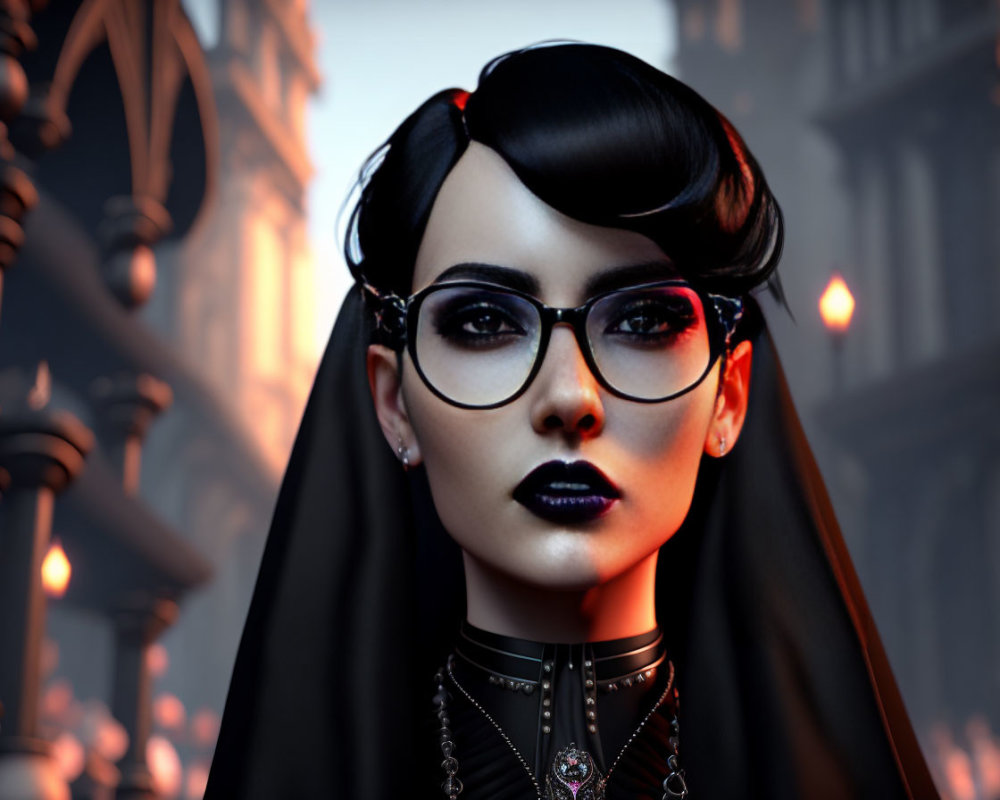 Dark lipstick, glasses, black outfit: Gothic-styled woman in urban setting