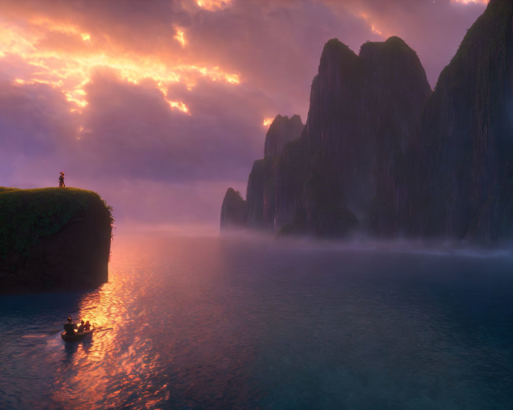 Person on Cliff Overlooking Serene Water, Boat, Misty Mountains, Sunset Sky