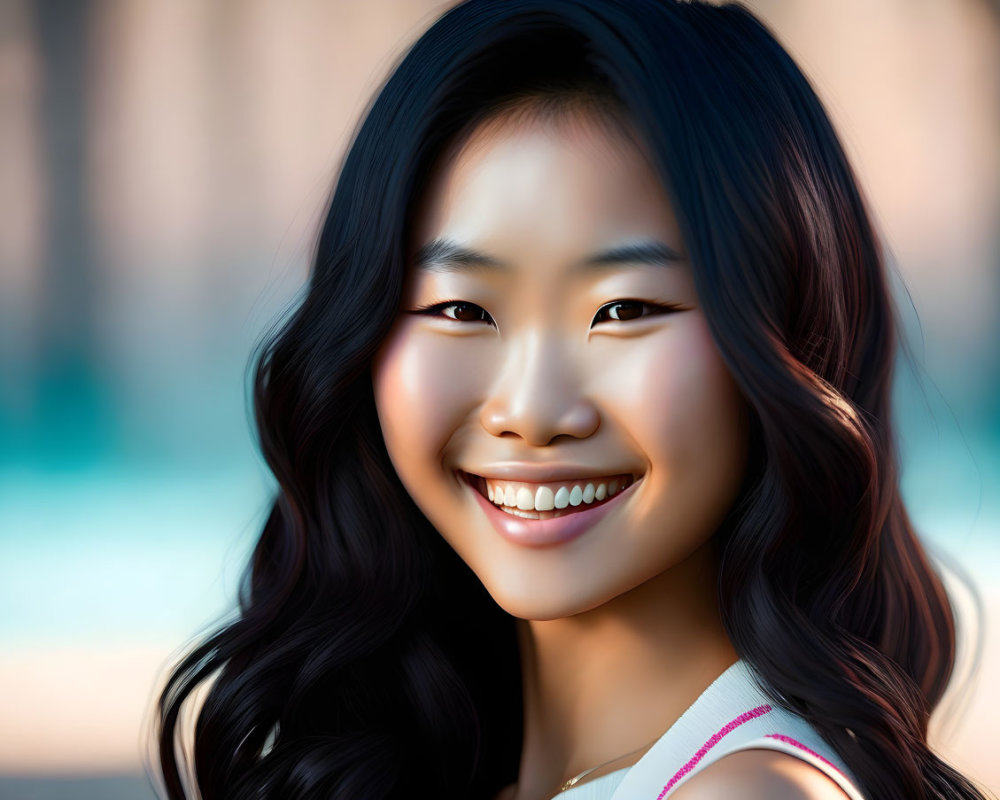 Smiling young woman with long dark hair in soft-focus background