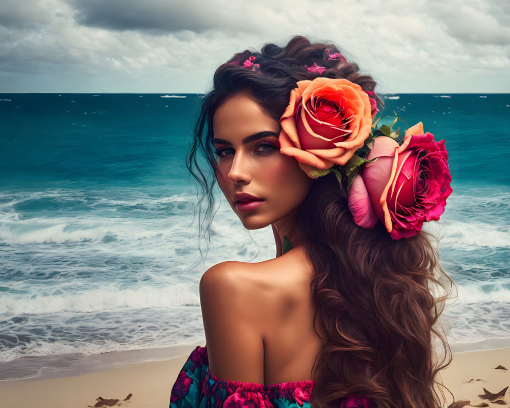 Woman with Long Wavy Hair and Roses Gazing at Ocean Waves
