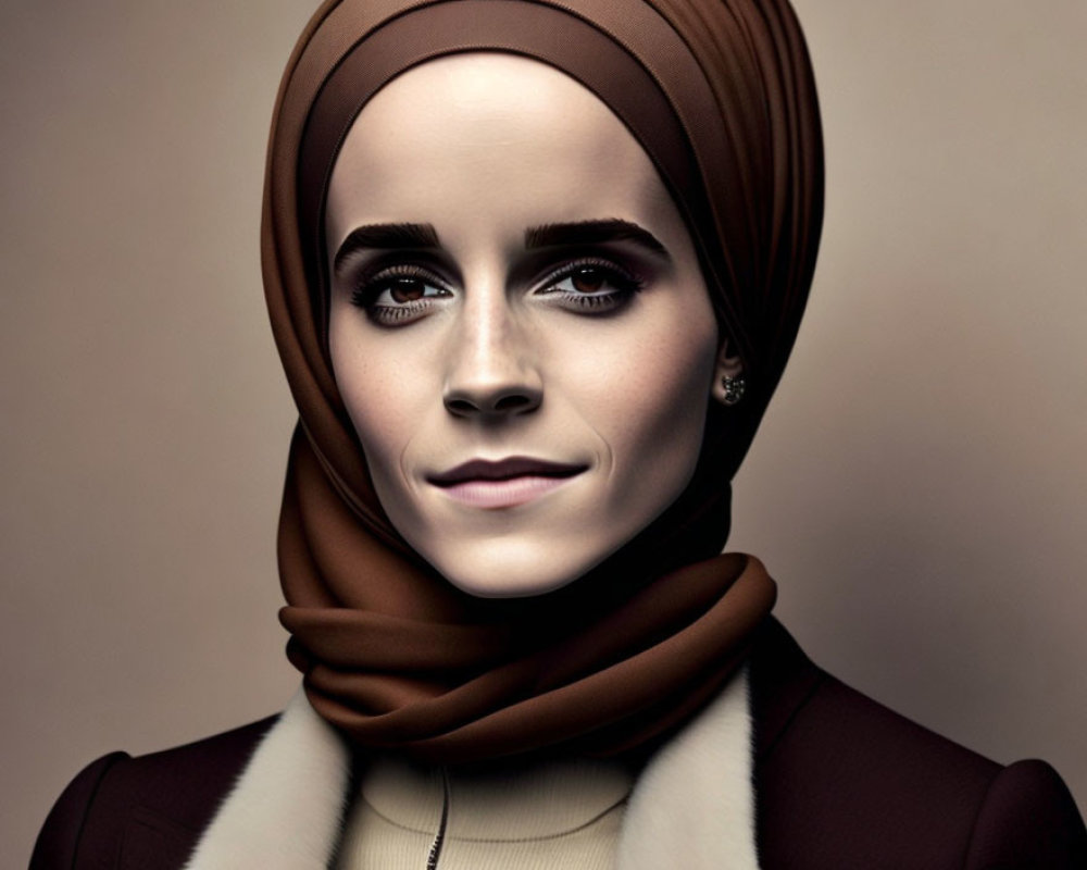 Portrait of Woman in Brown Hijab with Fair Skin and Dark Eyes