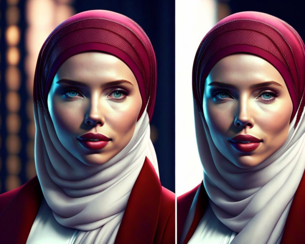 Portrait of woman in red hijab with striking features in two lighting variations