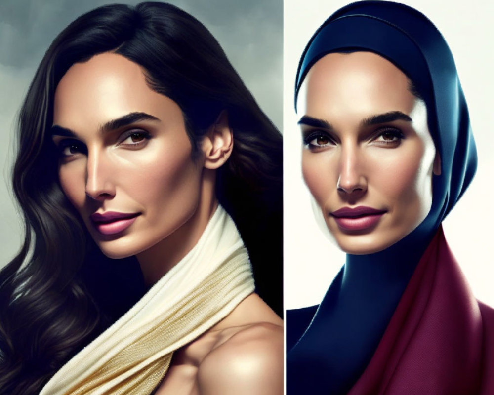 Split image of woman with long wavy hair and stylish headscarf