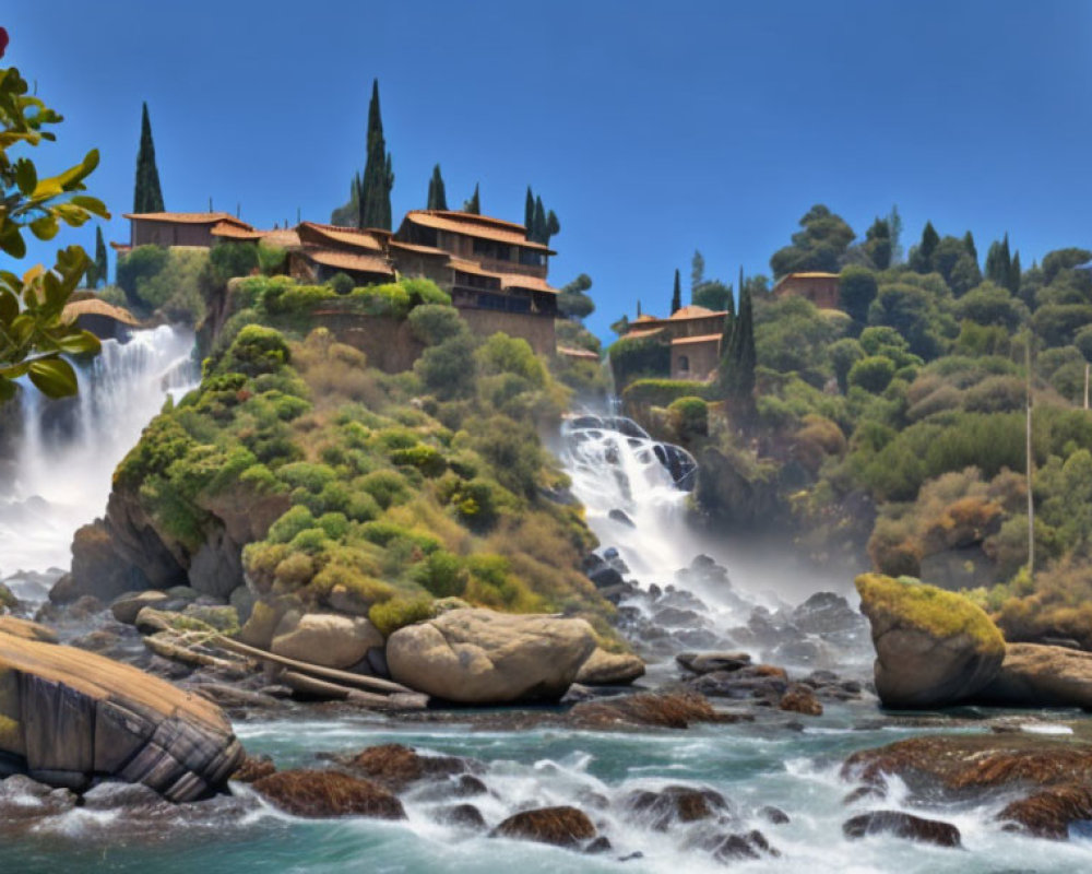 Scenic waterfall, rocky river, greenery, rustic buildings on hill under blue sky