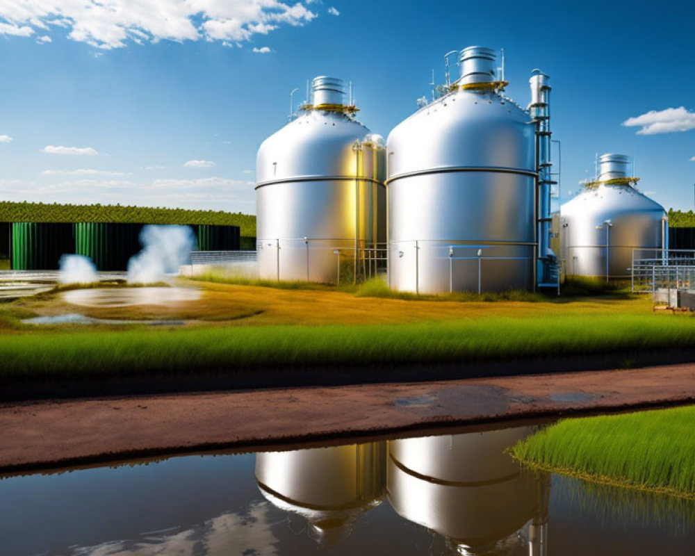 Industrial storage tanks with water reflection, blue sky, and steam emissions