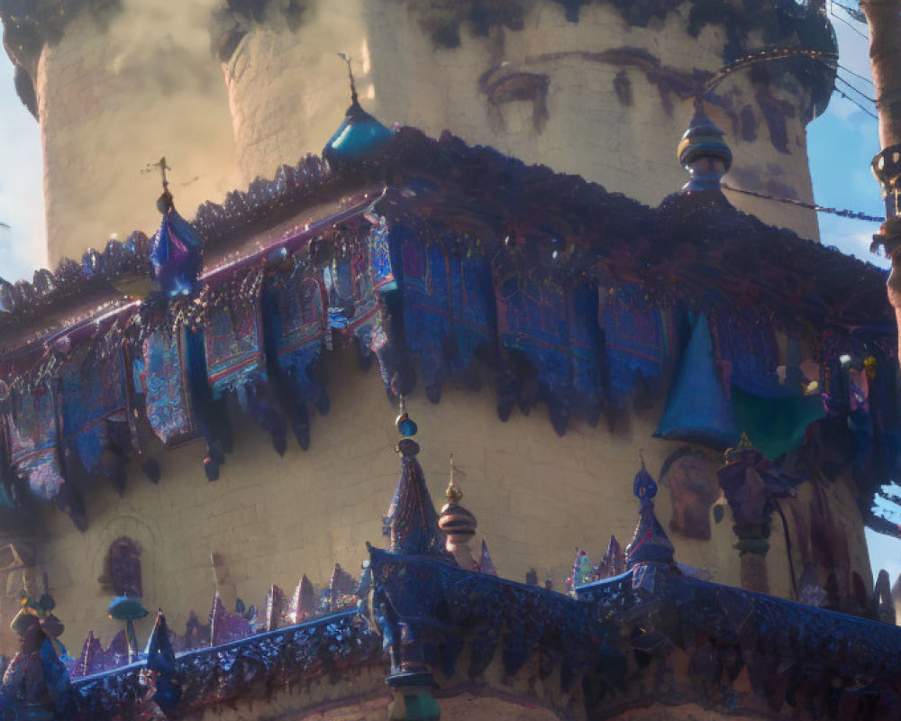 Colorful ornate building with intricate designs against hazy blue sky