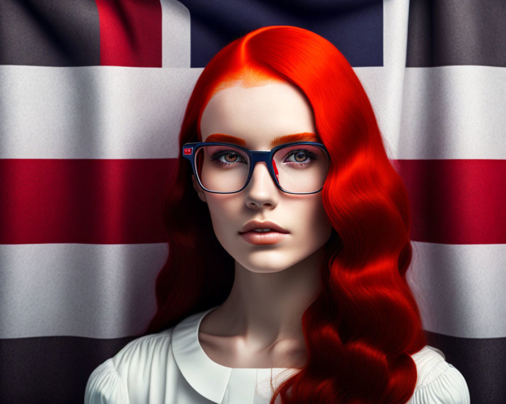 Vibrant red-haired woman with blue-rimmed glasses on British flag backdrop