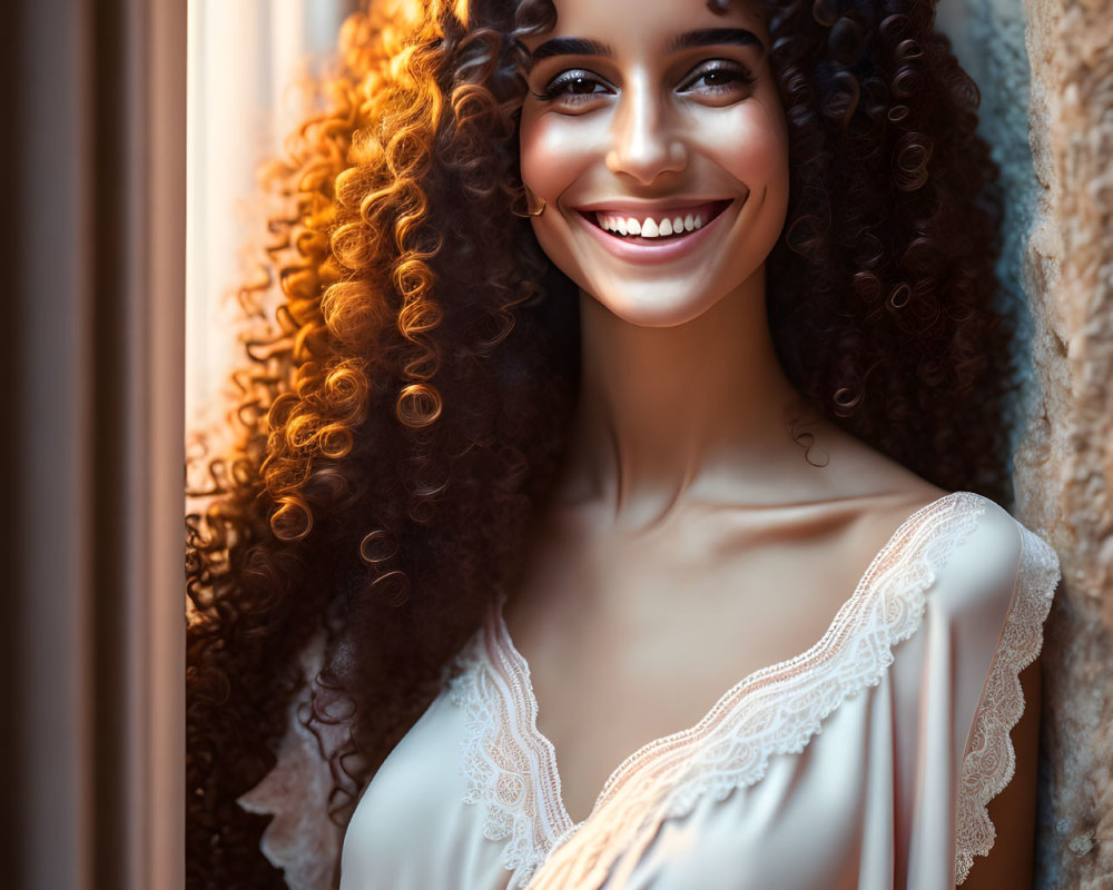Curly-haired woman in cream dress smiling in warm window light