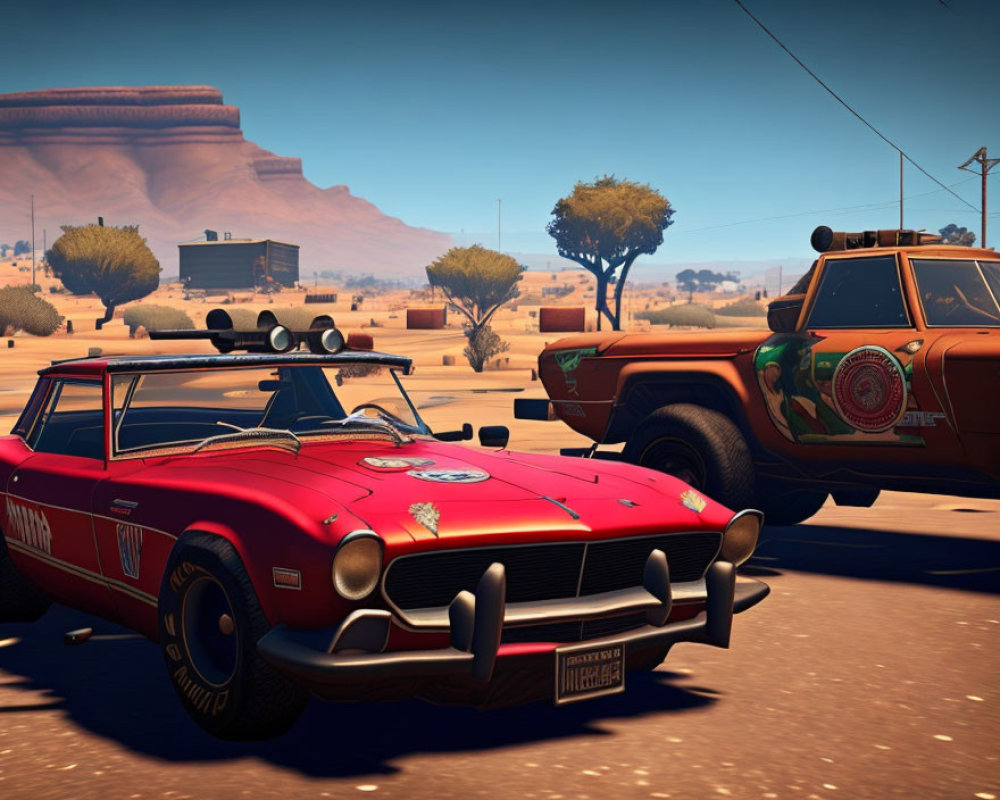 Vintage Red Muscle Car vs. Sheriff's Cruiser in Desert Setting
