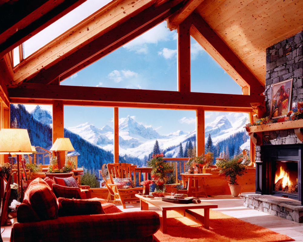 Mountain lodge living room with large windows and fireplace