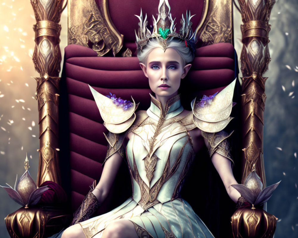 Regal figure in crown and armor on throne with luminescent features