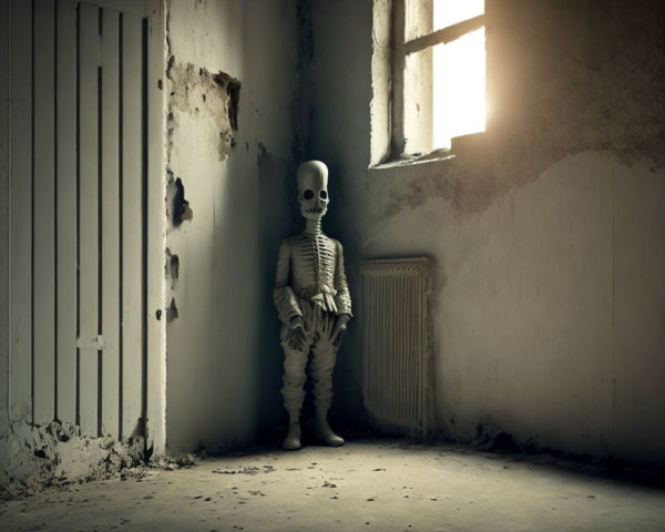 Skeleton in dark room with sunlight casting shadows