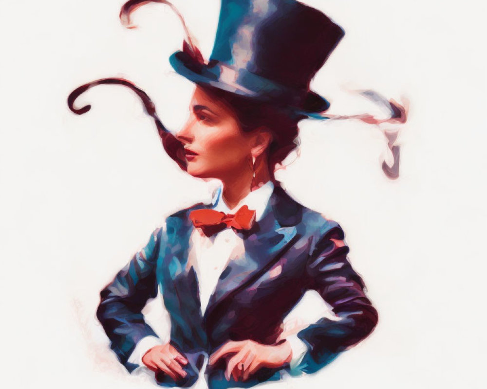 Colorful Suit with Top Hat and Ribbons: Stylized Painting of Confident Figure