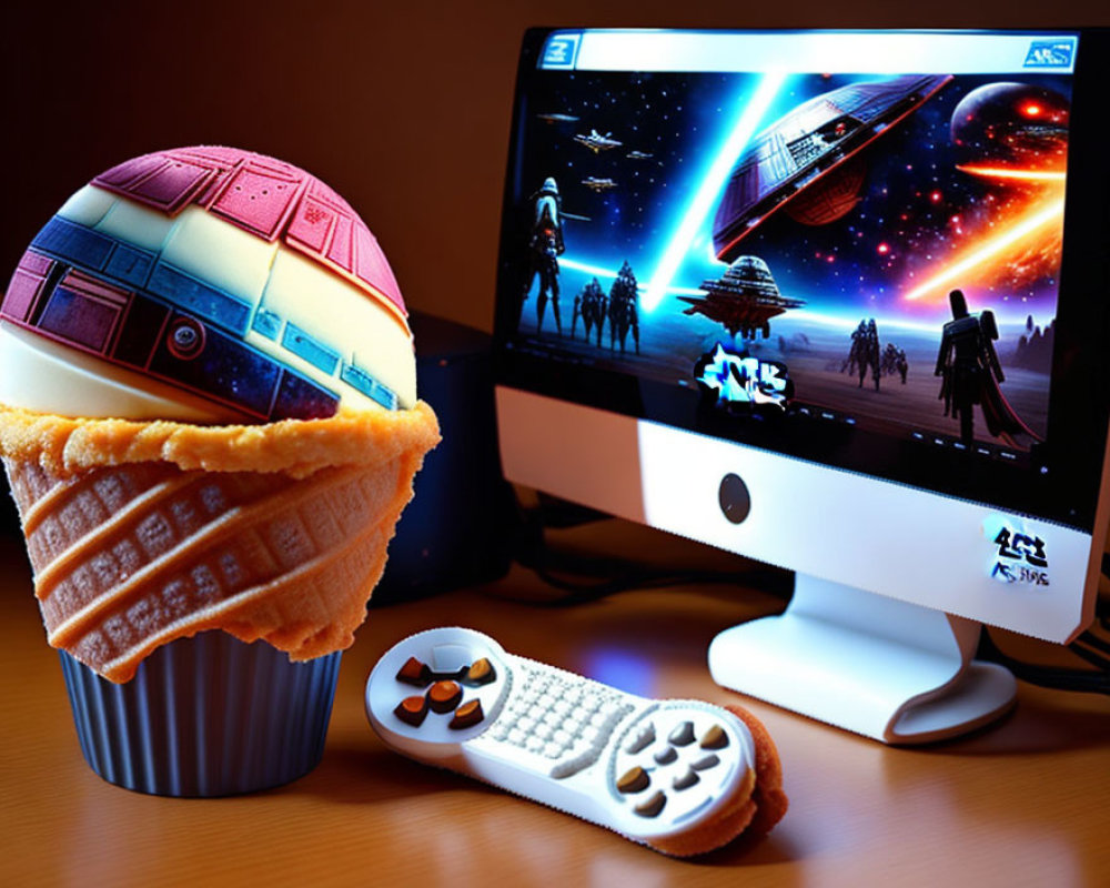 Colorful Ball-shaped Object on Cone Next to Game Controller and Spaceship Scene