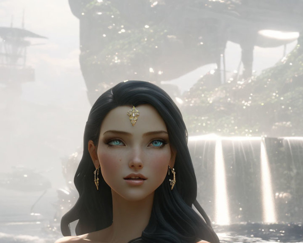 Blue-eyed animated female character with forehead jewel and earrings in fantastical backdrop.