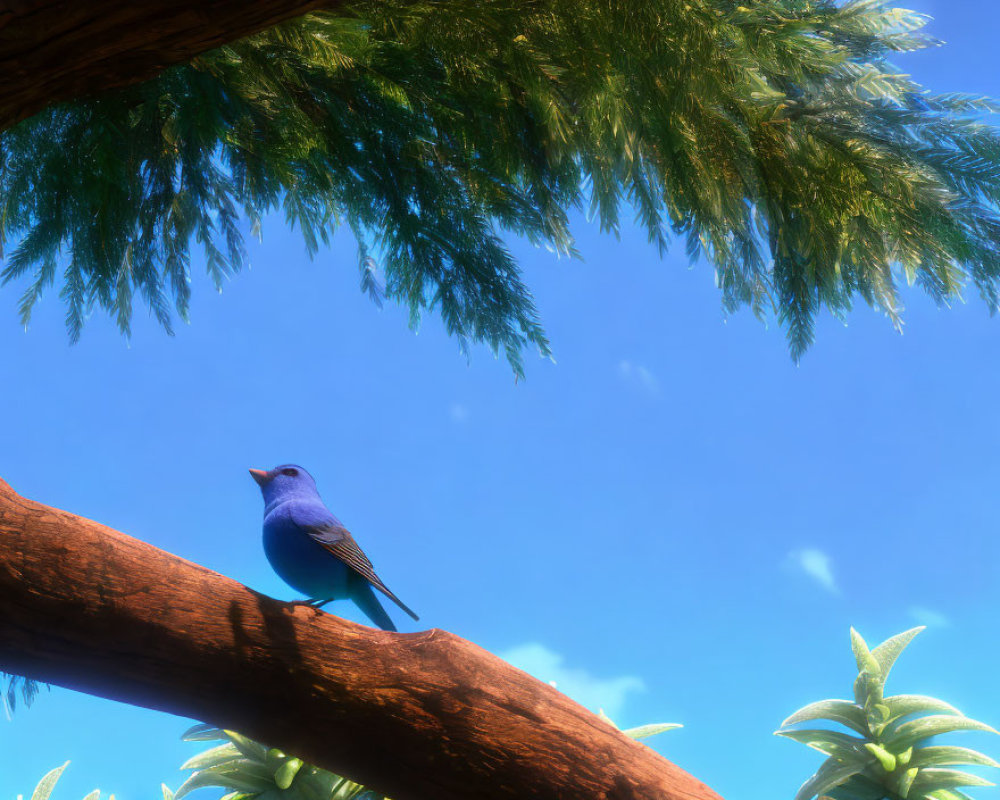 Blue bird on brown branch against lush greenery & clear sky