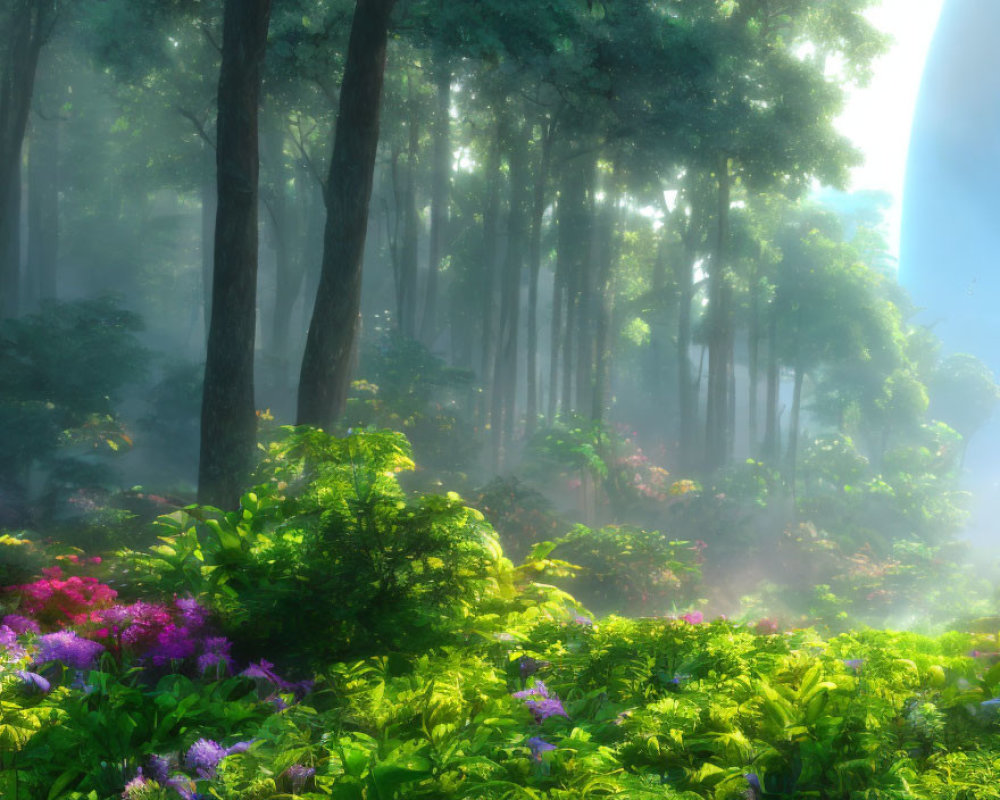 Lush green forest with vibrant flowers under sunbeams