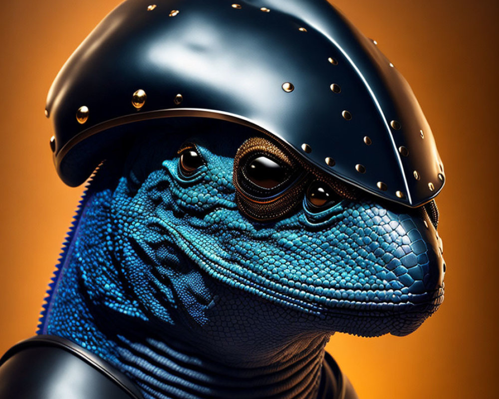 Blue Textured Lizard in Black Armor on Amber Background
