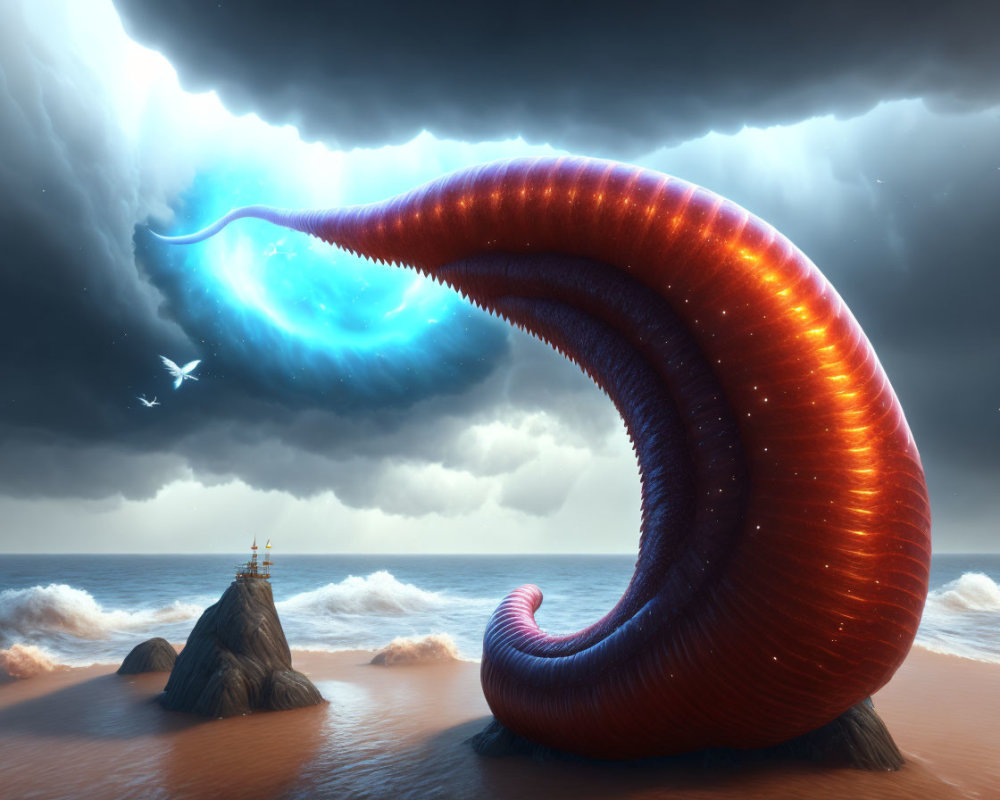 Enormous glowing sea creature emerges from ocean near ship